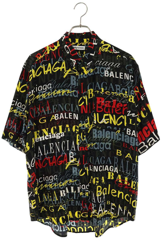 BALENCIAGA Black Logo All-Over Silk S/S Shirt Size XL