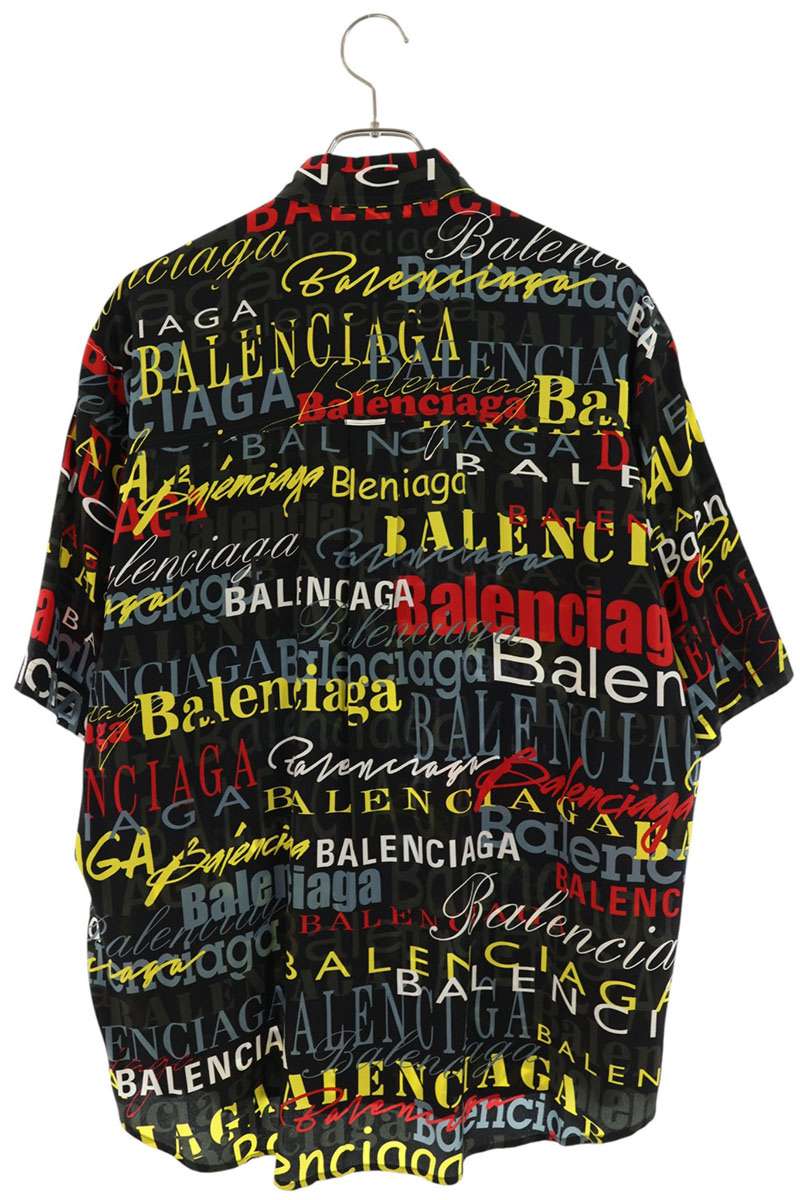 BALENCIAGA Black Logo All-Over Silk S/S Shirt Size XL
