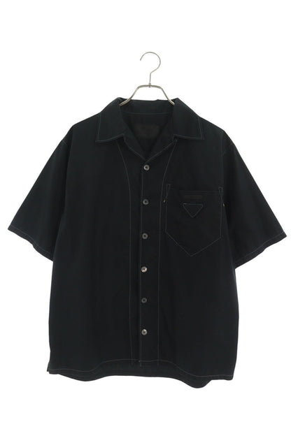 PRADA Triangle Logo Open Collar S/S Cotton Shirt Size M