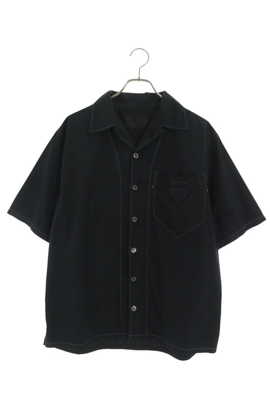 PRADA Triangle Logo Open Collar S/S Cotton Shirt Size M