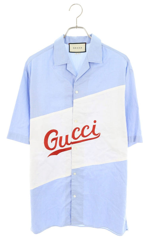 GUCCI Logo Embroidered Script Shirt Blue/White Size 46