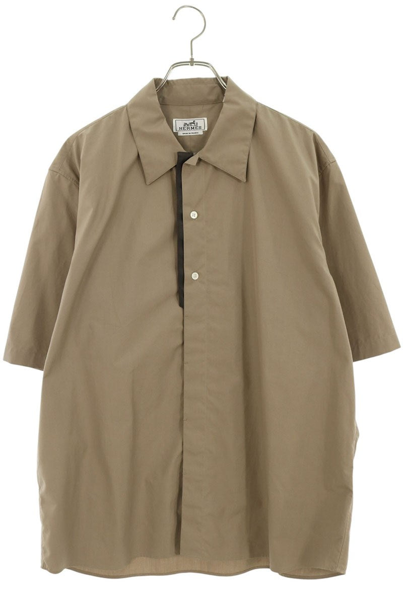 HERMES Leather Trim Cotton Concealed Placket Shirt Size 42