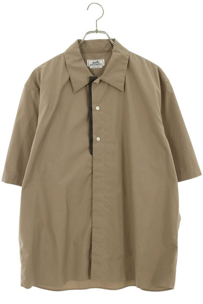 HERMES Leather Trim Cotton Concealed Placket Shirt Size 42