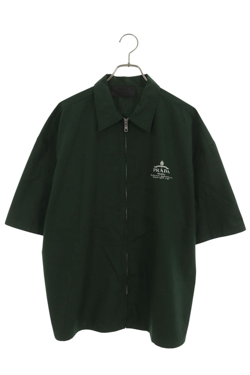 PRADA Logo Print Zip-Up Short Sleeve Shirt Green Size L