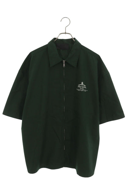 PRADA Logo Print Zip-Up Short Sleeve Shirt Green Size L