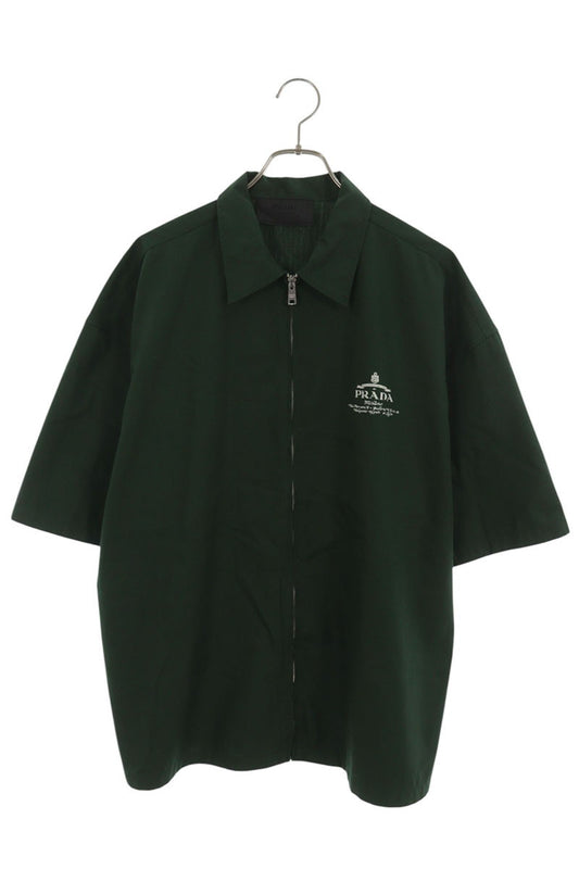 PRADA Logo Print Zip-Up Short Sleeve Shirt Green Size L