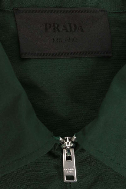 PRADA Logo Print Zip-Up Short Sleeve Shirt Green Size L