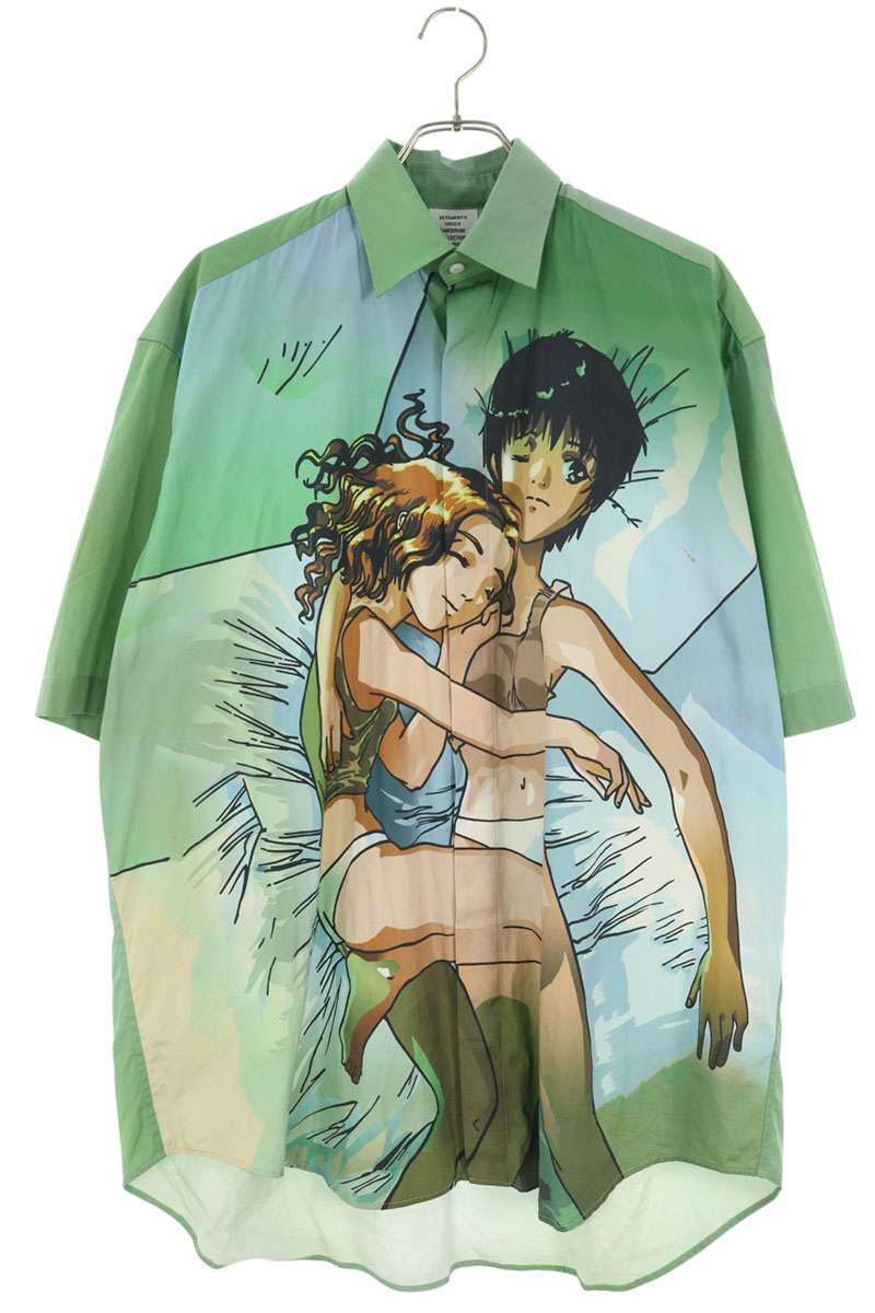 VETEMENTS Anime Print Cotton Short Sleeve Shirt Green Size S