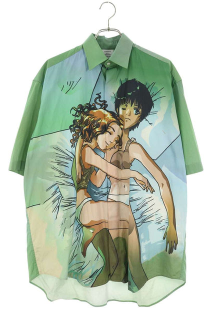 VETEMENTS Anime Print Cotton Short Sleeve Shirt Green Size S
