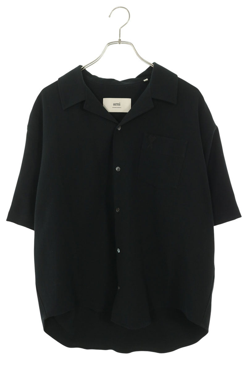 AMI Heart A Logo Embroidery Open Collar Shirt Black Size XS