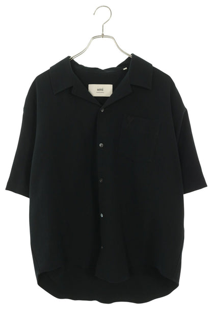 AMI Heart A Logo Embroidery Open Collar Shirt Black Size XS