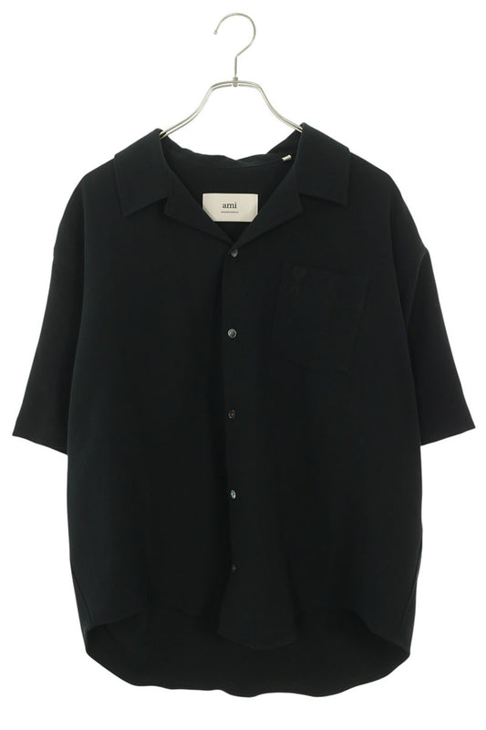 AMI Heart A Logo Embroidery Open Collar Shirt Black Size XS