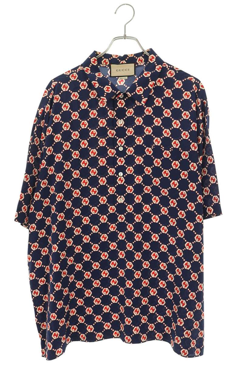GUCCI Navy Silk GG Monogram Short Sleeve Shirt Size 52