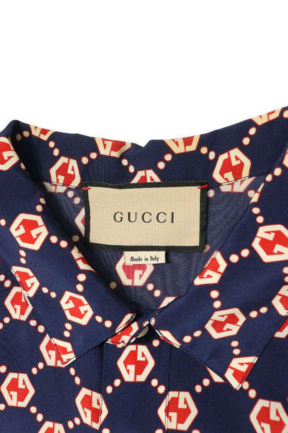 GUCCI Navy Silk GG Monogram Short Sleeve Shirt Size 52
