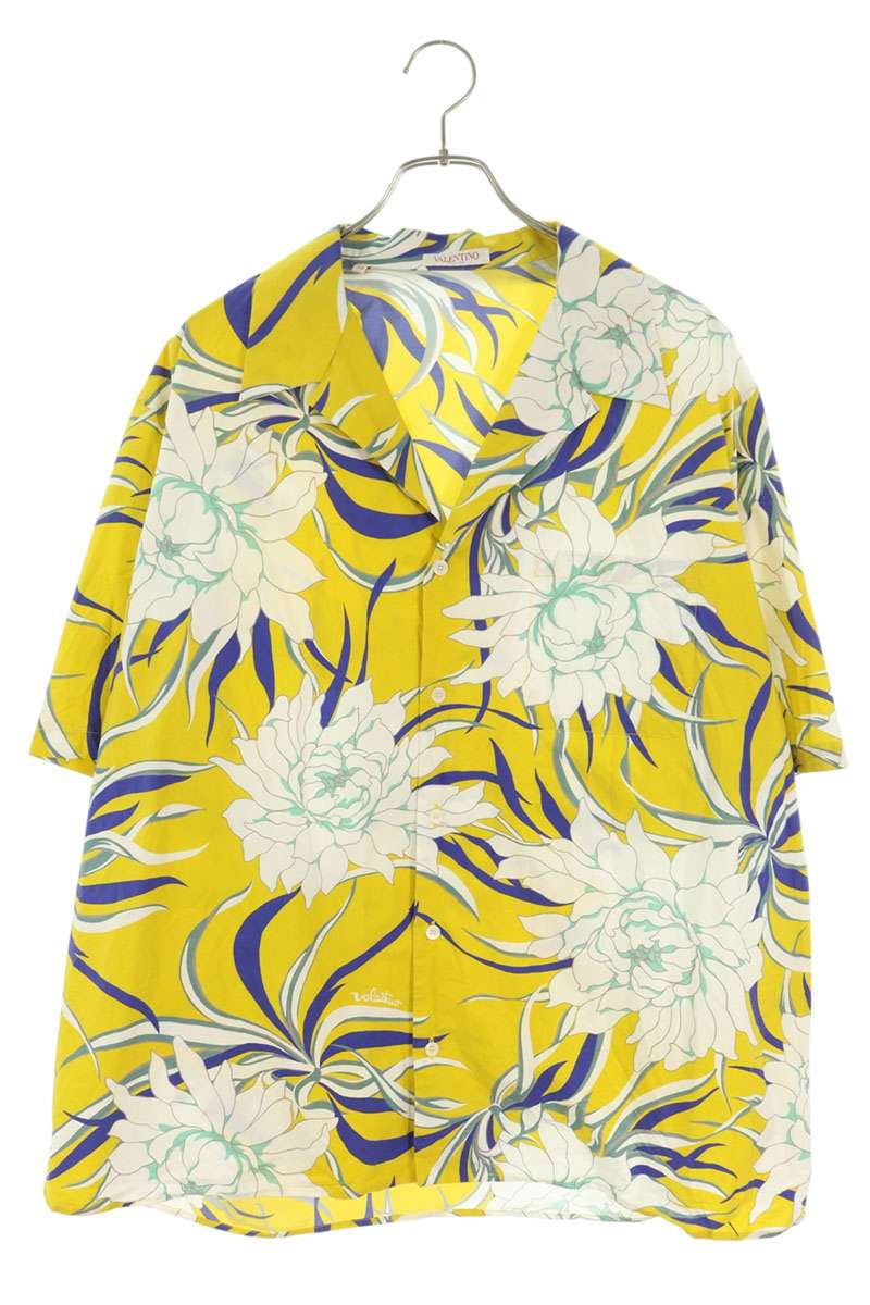 VALENTINO Yellow Cotton Floral Open Collar Shirt Size 50