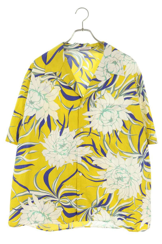 VALENTINO Yellow Cotton Floral Open Collar Shirt Size 50