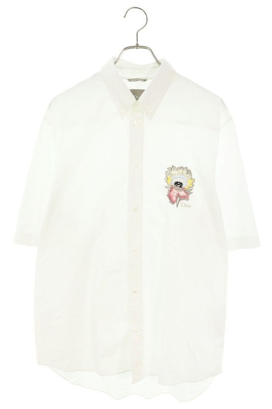DIOR Flower Embroidery S/S Shirt White Cotton Size 40