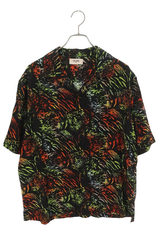 CELINE Tiger Print Hawaiian Silk Short Shirt Black Size 39