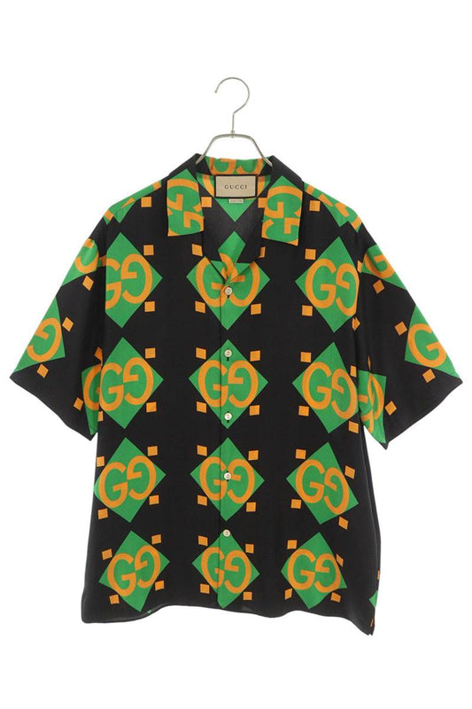 GUCCI Green GG Print Silk Short Sleeve Shirt Size 48