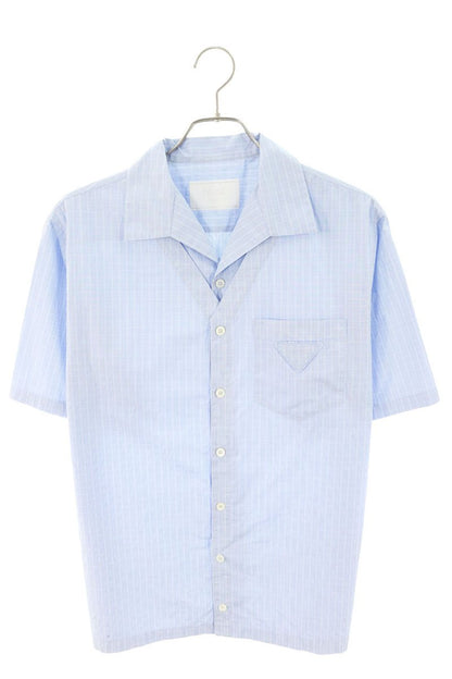 PRADA Triangle Logo Stripe Cotton Shirt Blue Size S
