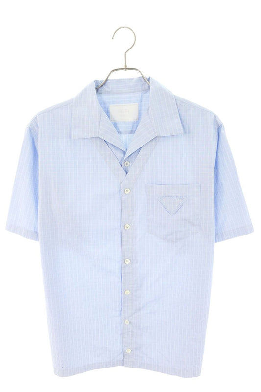 PRADA Triangle Logo Stripe Cotton Shirt Blue Size S