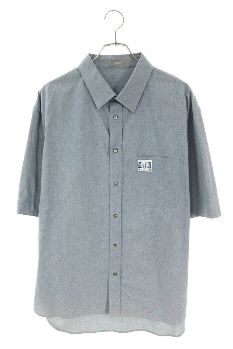 DIOR Logo Patch Cotton Short Sleeve Shirt Blue Size 42