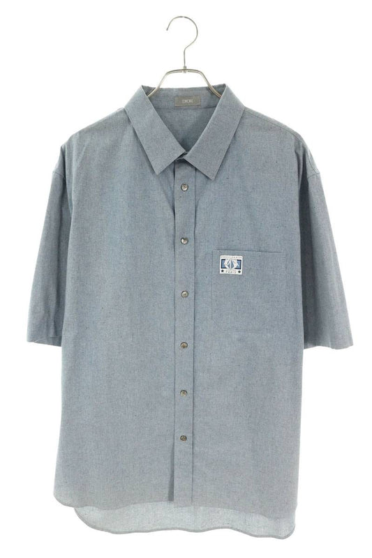 DIOR Logo Patch Cotton Short Sleeve Shirt Blue Size 42