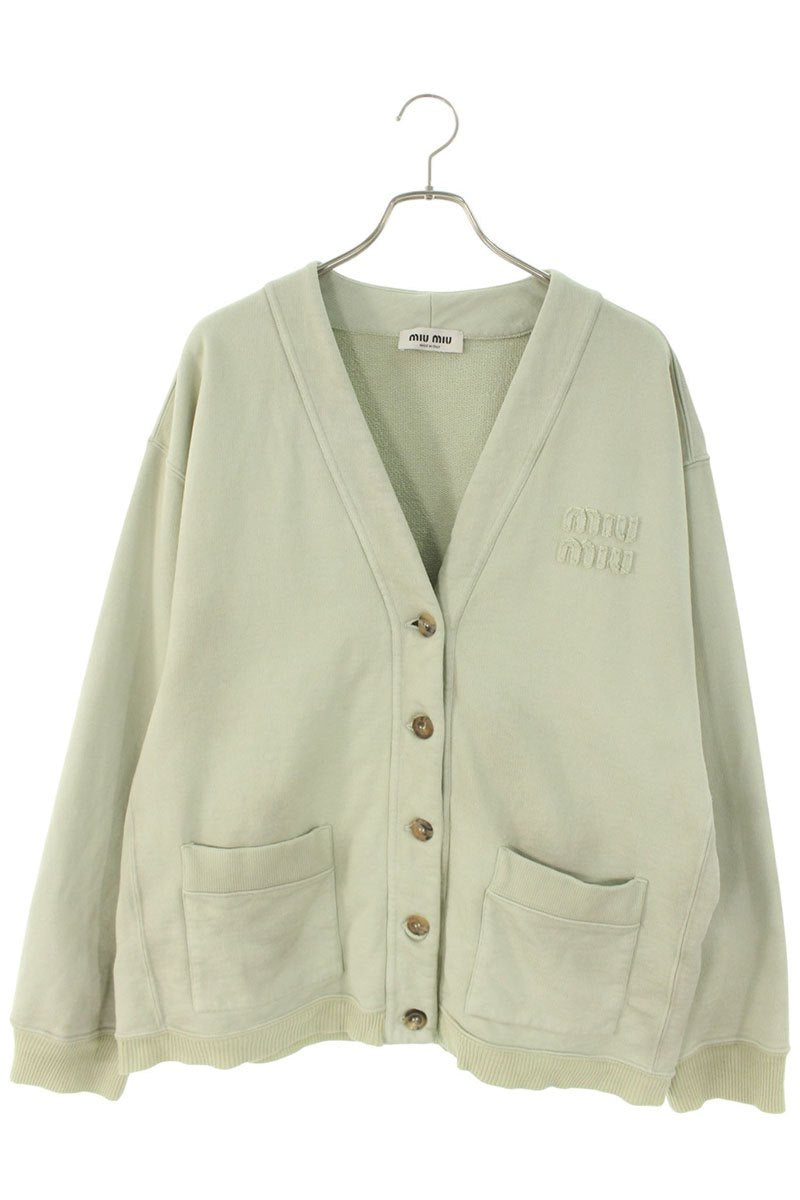miumiu Logo Patch Distressed Cotton Cardigan Green Size S