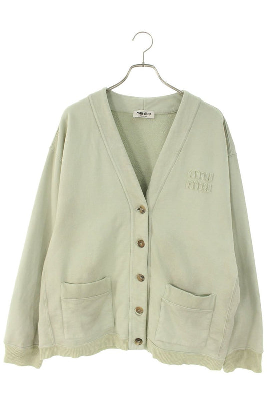 miumiu Logo Patch Distressed Cotton Cardigan Green Size S