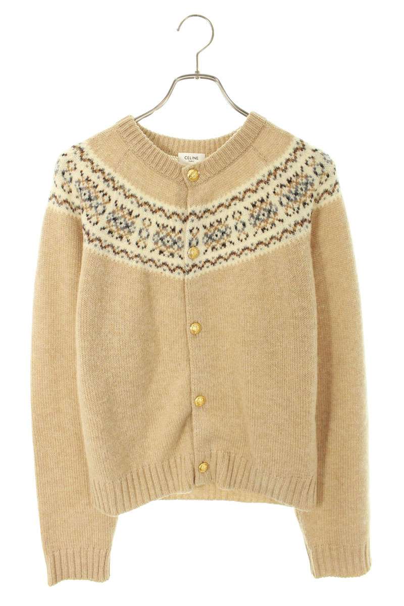 CELINE 25AW Triomphe Fair Isle Wool Cardigan Beige Size M
