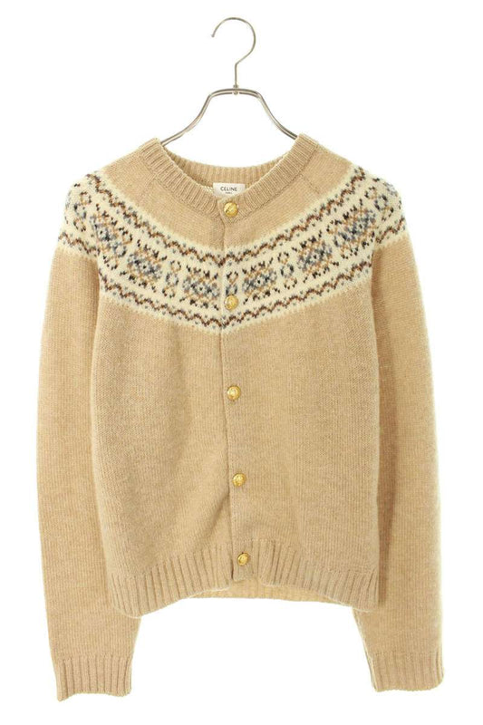 CELINE 25AW Triomphe Fair Isle Wool Cardigan Beige Size M