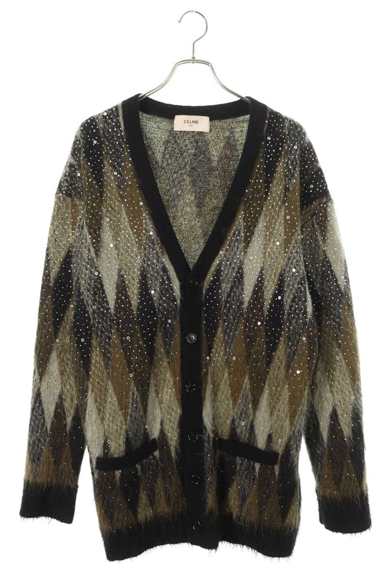 CELINE Stone Embellished Argyle Mohair Blend Cardigan Size S
