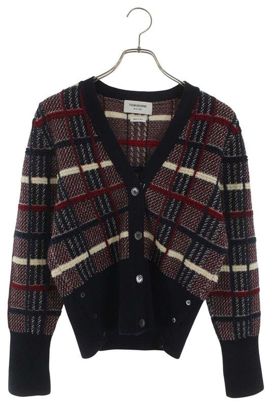 THOM BROWNE Plaid Cable Knit Wool Cardigan Navy Red Size 2