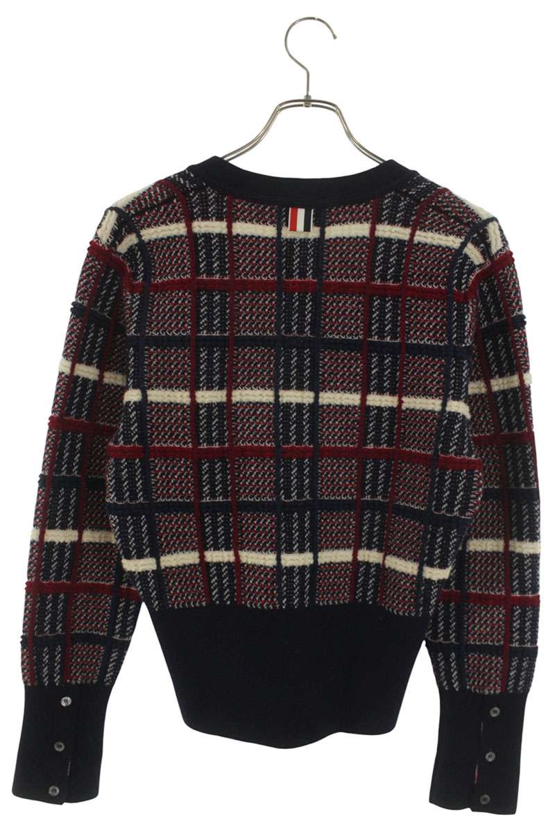 THOM BROWNE Plaid Cable Knit Wool Cardigan Navy Red Size 2