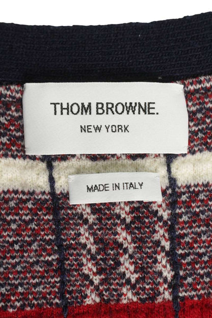 THOM BROWNE Plaid Cable Knit Wool Cardigan Navy Red Size 2