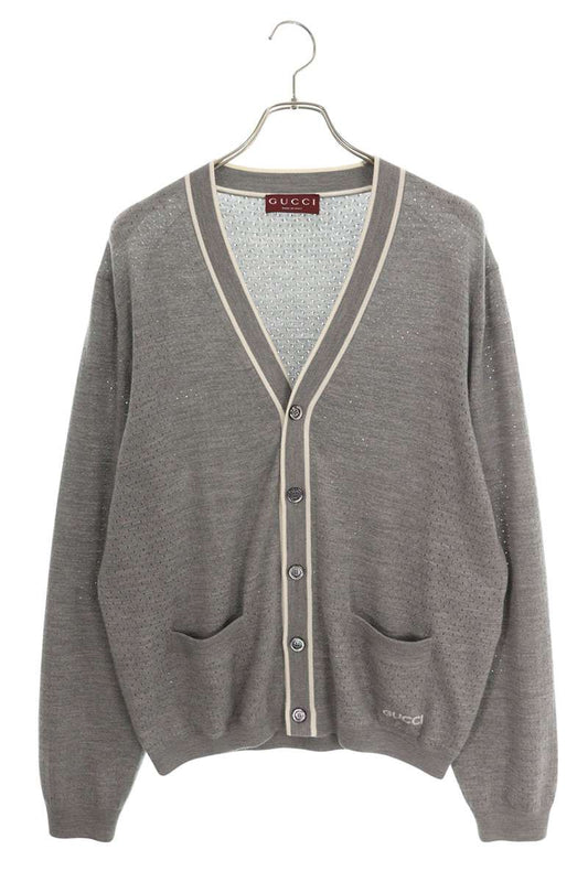 GUCCI V-Neck Perforated Wool Cardigan Gray Size XXL