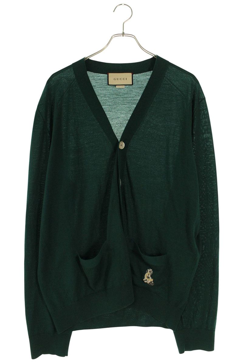 GUCCI Embroidered Dog V-Neck Wool Cardigan Green Size XXL