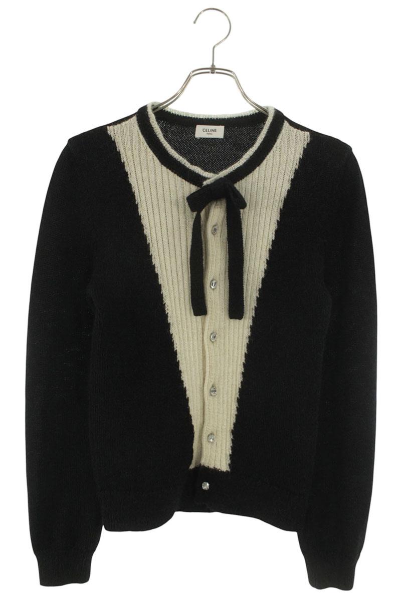 CELINE Rhinestone Bow Tie Alpaca Knit Cardigan Size XS