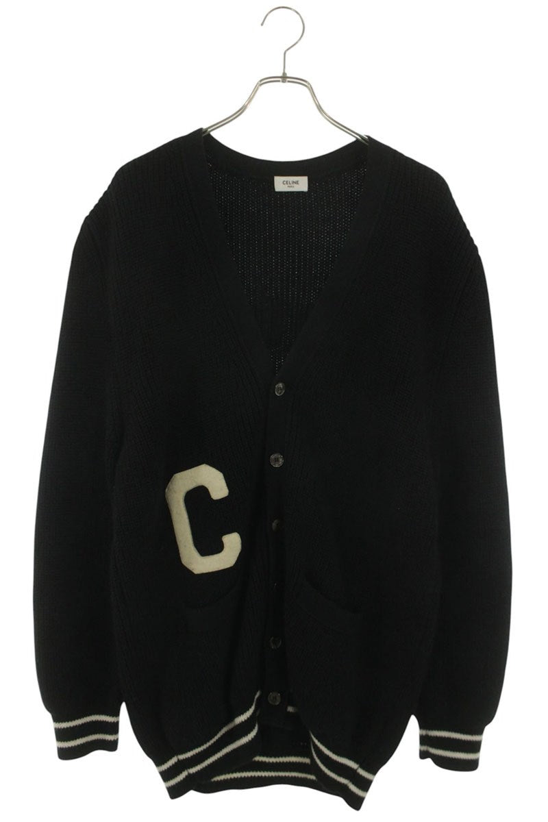 CELINE Black/White College C Logo Wool Knit Cardigan Size M