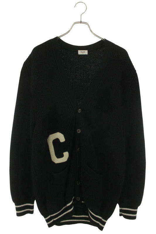CELINE Black/White College C Logo Wool Knit Cardigan Size M