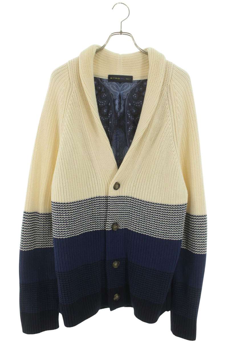 ETRO White/Blue Cotton Knit Silk Lined Cardigan Size 3XL