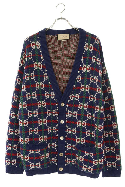GUCCI Studded GG Wool Knit Cardigan Navy Size L
