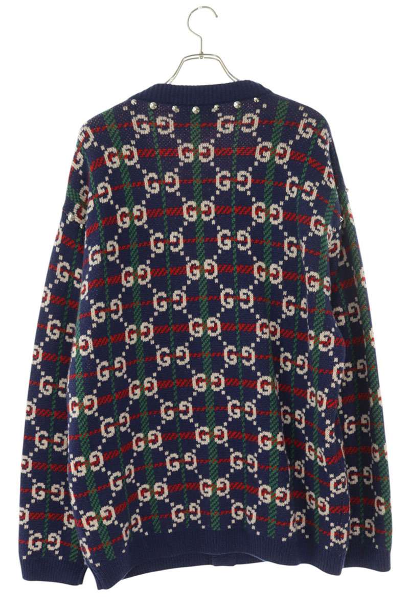 GUCCI Studded GG Wool Knit Cardigan Navy Size L