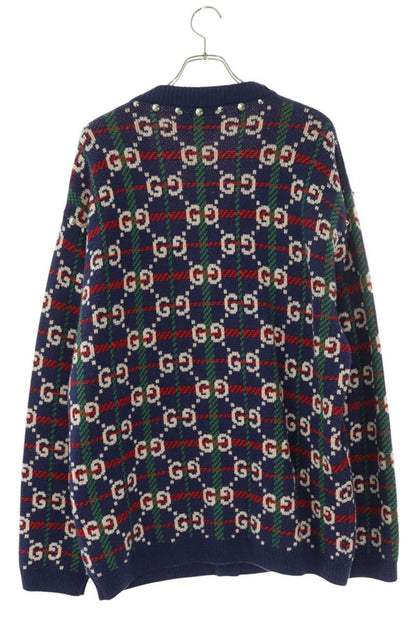 GUCCI Studded GG Wool Knit Cardigan Navy Size L