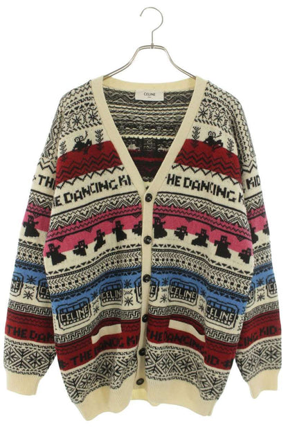 CELINE Wool Jacquard Loose Cardigan White Multi Size M
