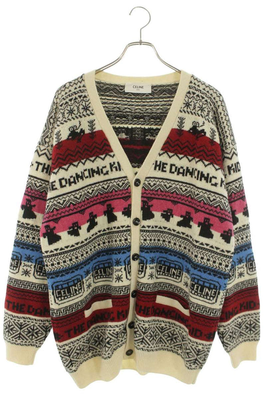 CELINE Wool Jacquard Loose Cardigan White Multi Size M