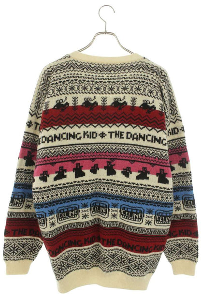 CELINE Wool Jacquard Loose Cardigan White Multi Size M