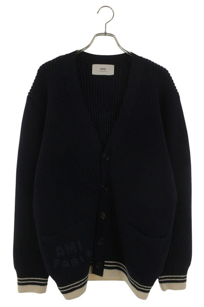 AMI Logo Embroidered Striped Cardigan Blue x Beige Size XL