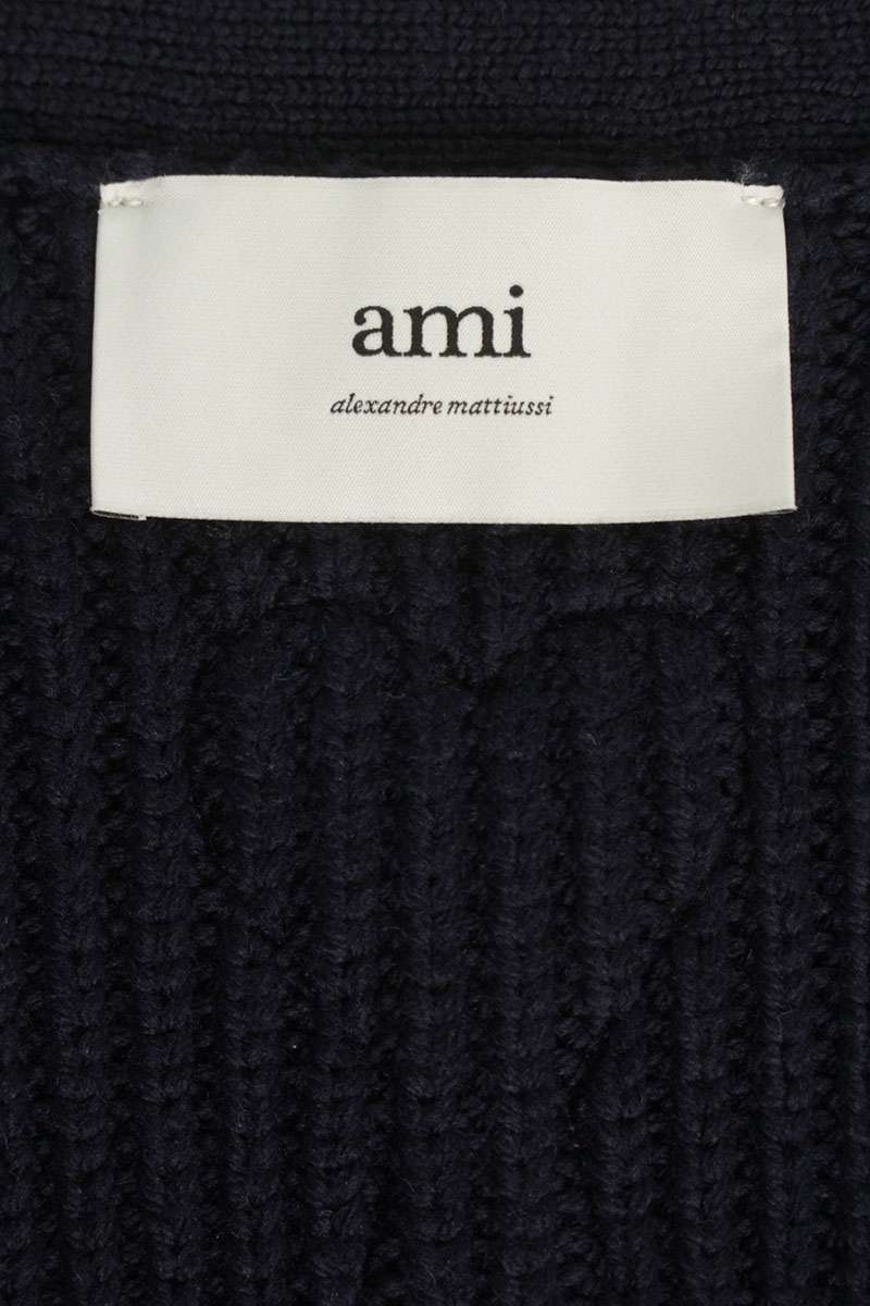 AMI Logo Embroidered Striped Cardigan Blue x Beige Size XL