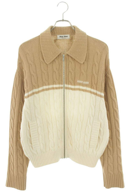 miumiu Cable Knit Zip-Up Cardigan Brown Multi Size 36
